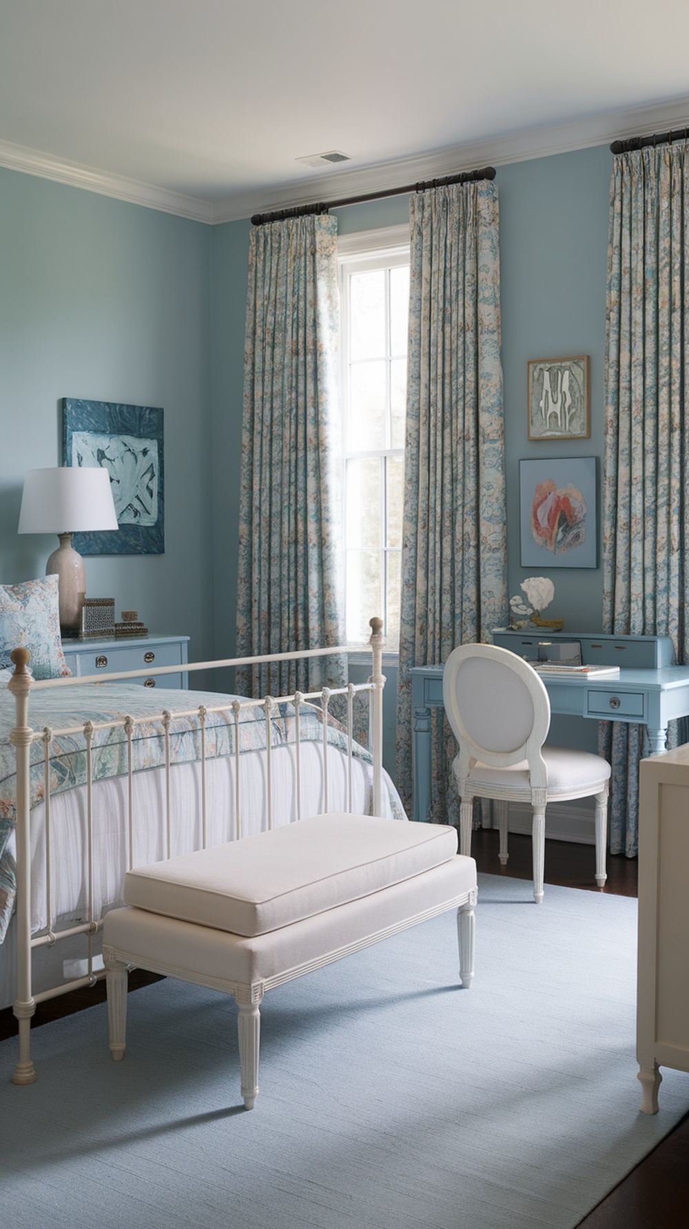 A cozy powder blue guest room featuring floral curtains, a white metal bed, and a small desk by the window.