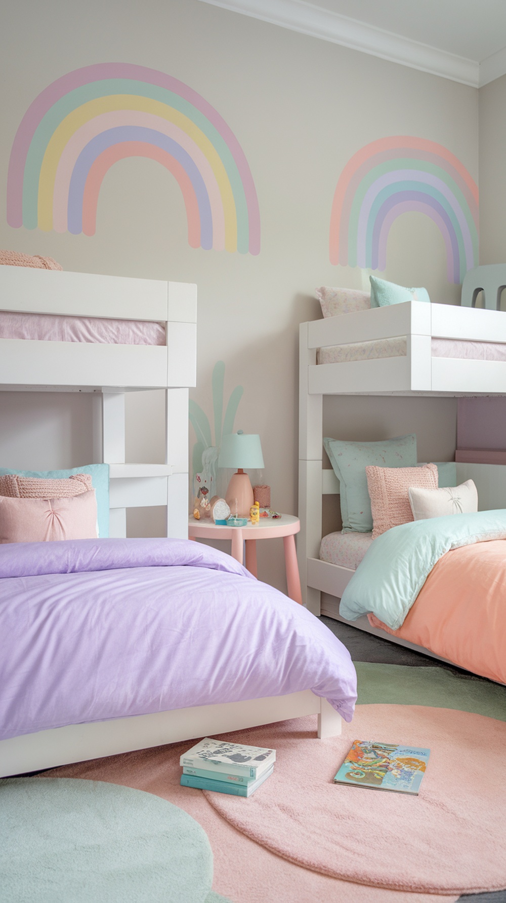 Pastel rainbow kids' bedroom featuring bunk beds, colorful cushions, and playful decor.