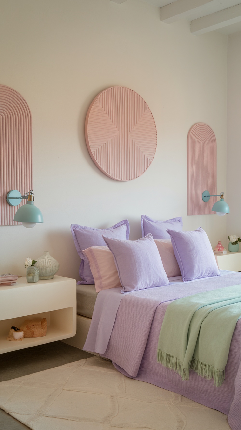 A neutral bedroom featuring pastel decor with lavender bedding and pink wall decorations.