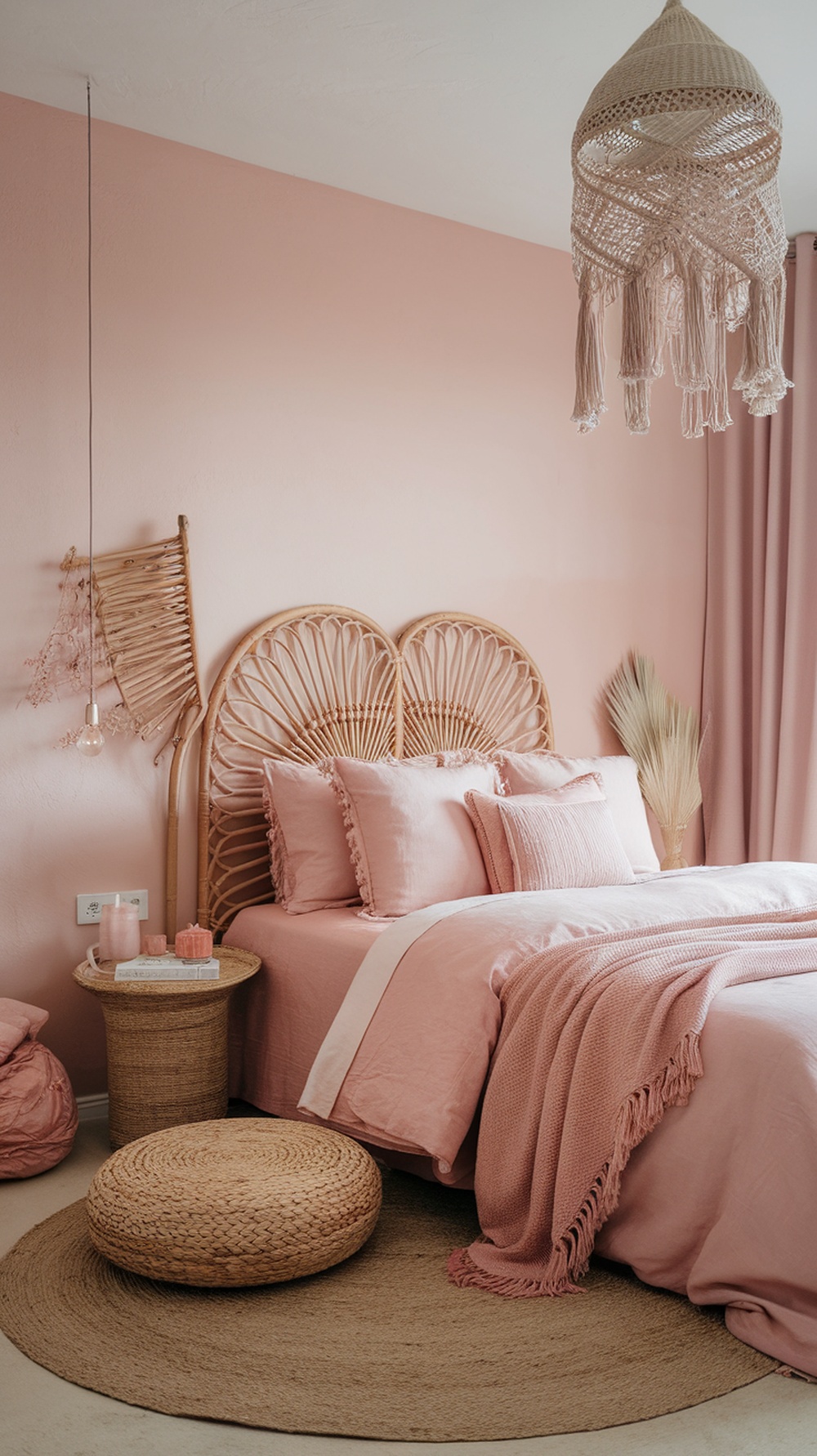 A cozy blush pink boho bedroom featuring a rattan headboard, soft pink bedding, and natural woven decor elements.