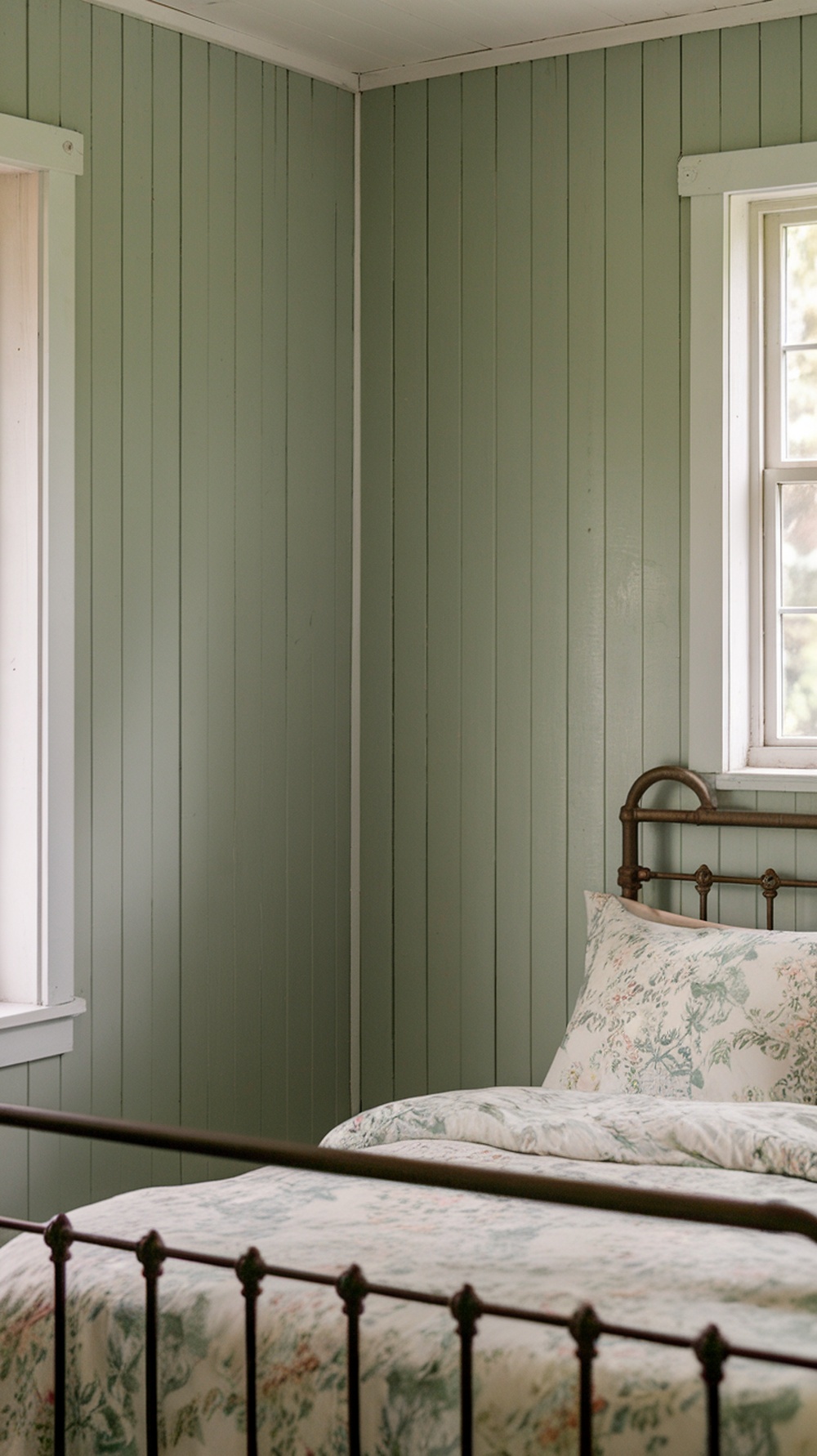A pastel green farmhouse bedroom with an iron bed and floral bedding, featuring light streaming through the windows.