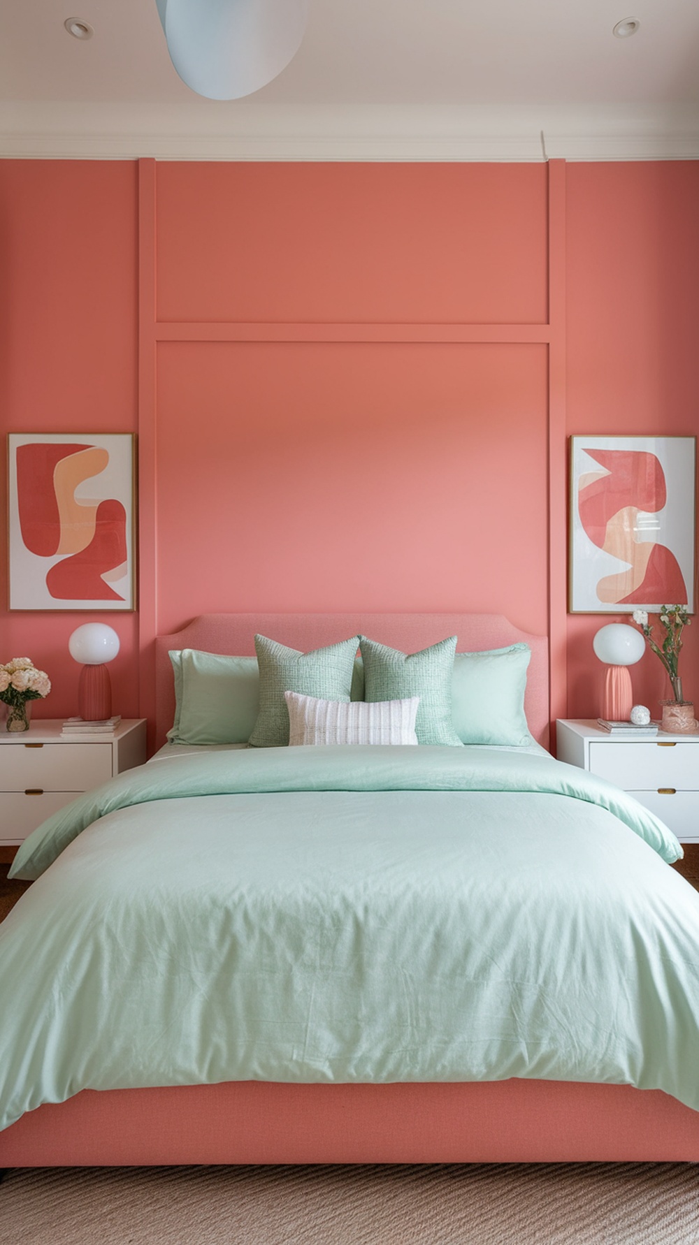 A beautifully designed bedroom with coral walls and mint bedding, featuring decorative pillows and stylish lamps.