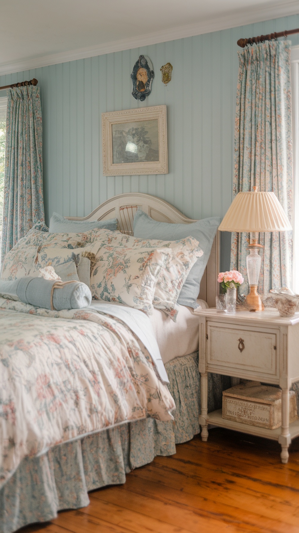A cozy pastel blue cottage bedroom with floral bedding, wooden floors, and vintage decor.