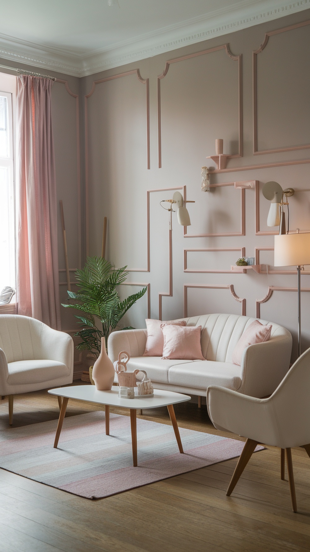 Minimalist bedroom featuring pastel grey and pink colors with modern furniture and plants.