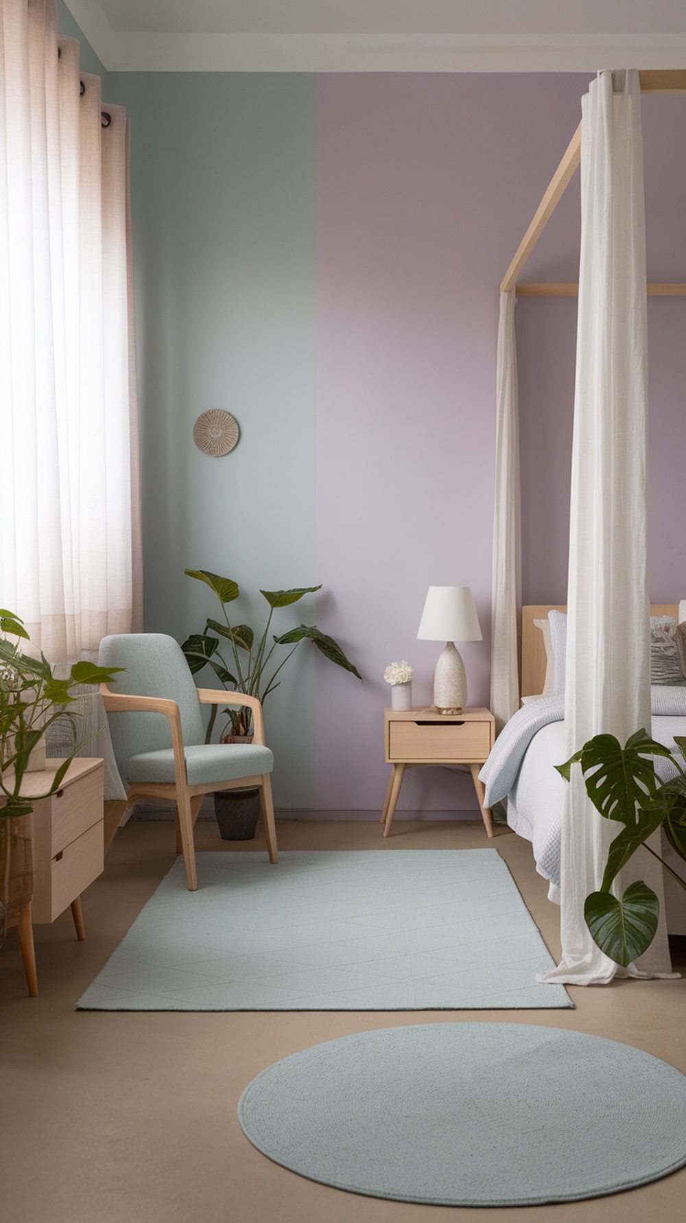 A soft blue and lilac bedroom with modern furniture, plants, and cozy decor.