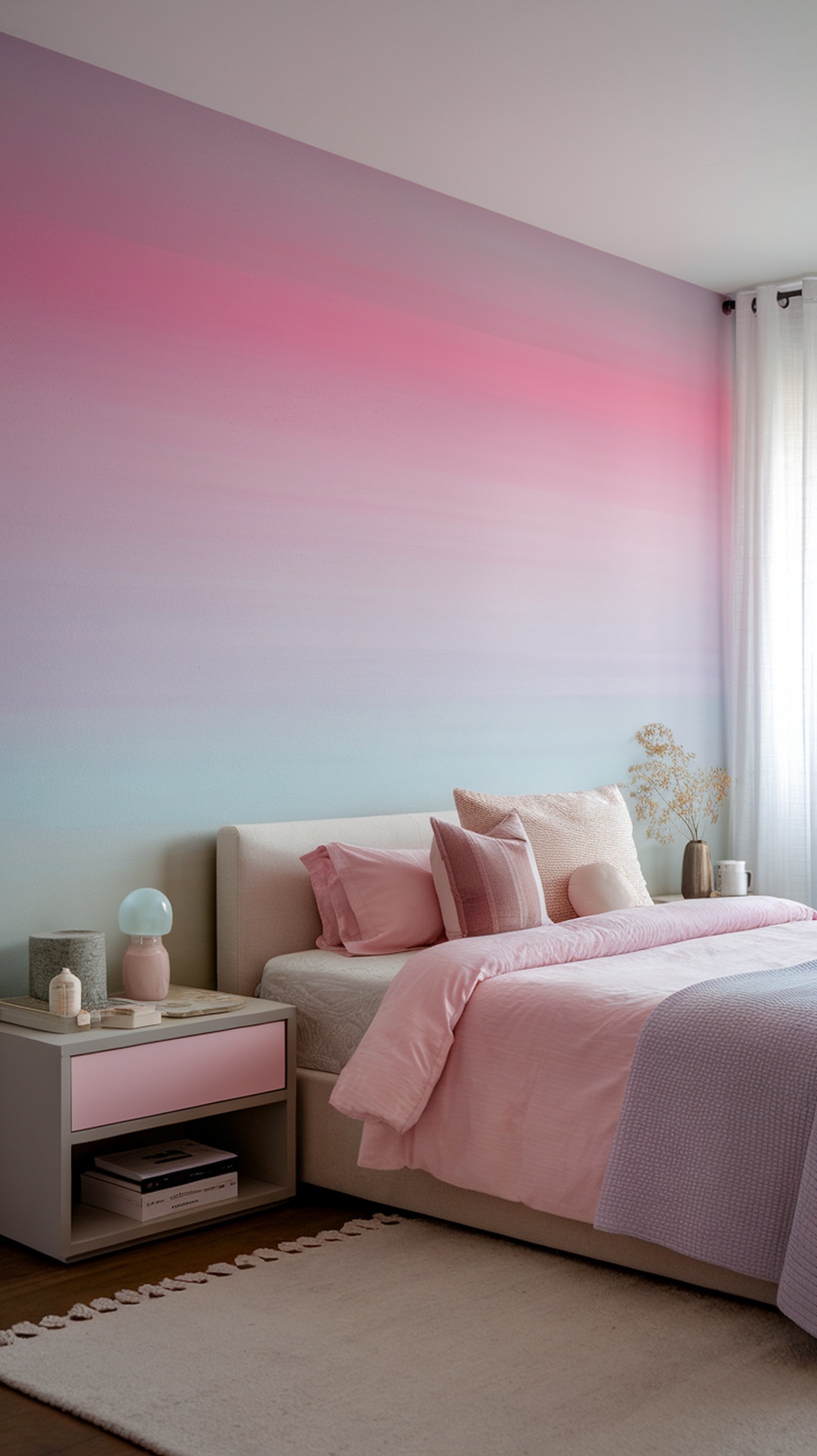 A cozy bedroom with a pastel ombre wall, soft bedding, and a stylish nightstand.