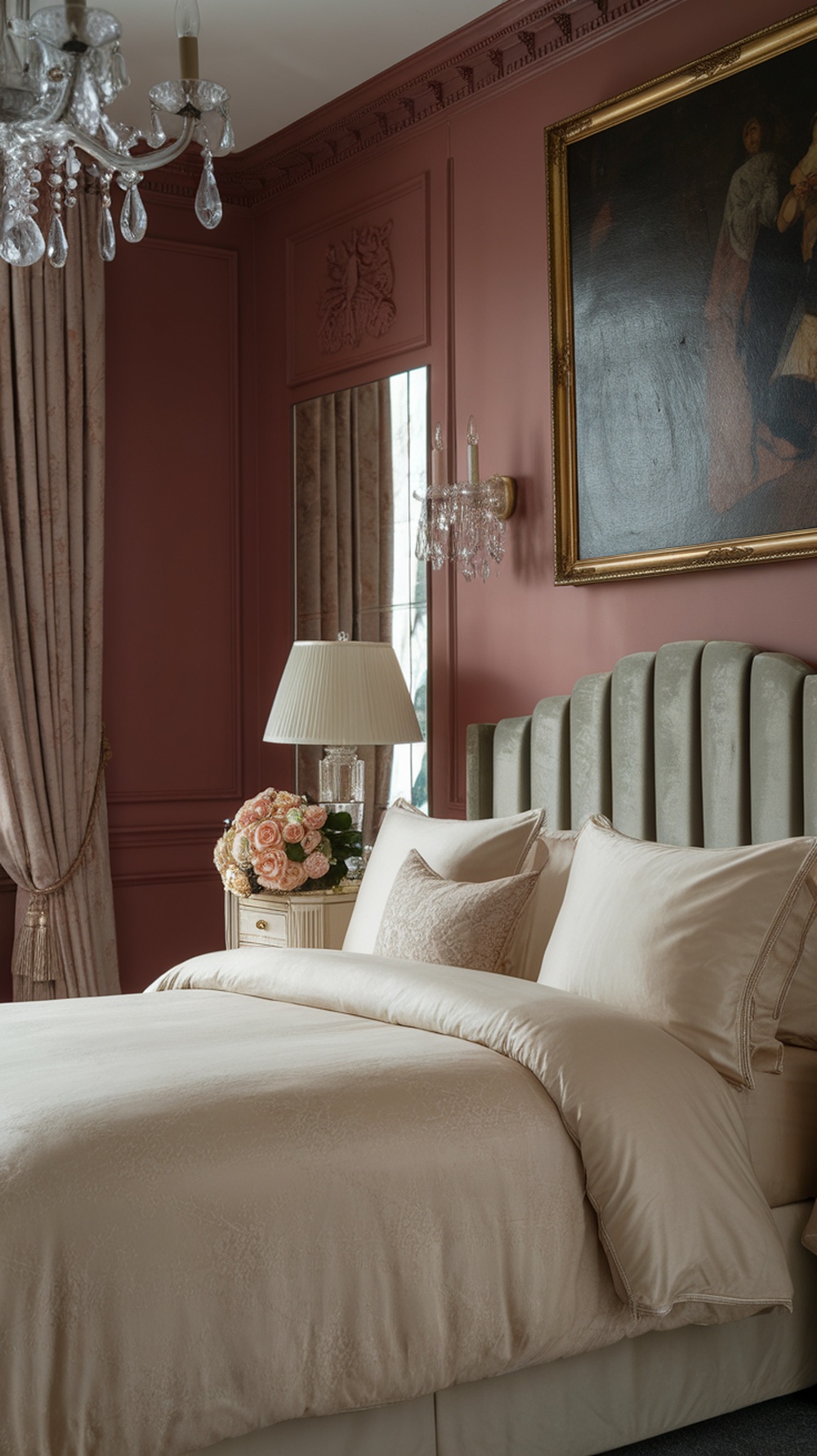 A stylish bedroom featuring dusty rose walls and sage green accents, with elegant bedding and a chandelier