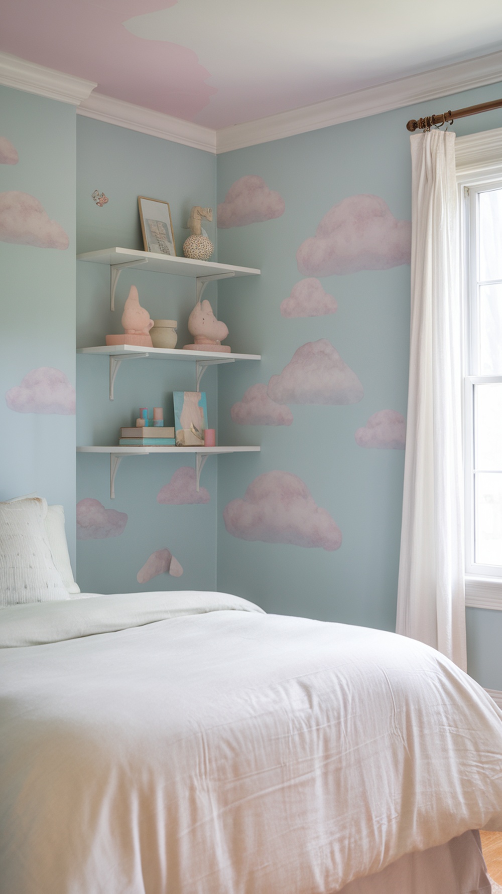 A pastel bedroom featuring cloud designs on the walls, soft bedding, and decorative shelves.