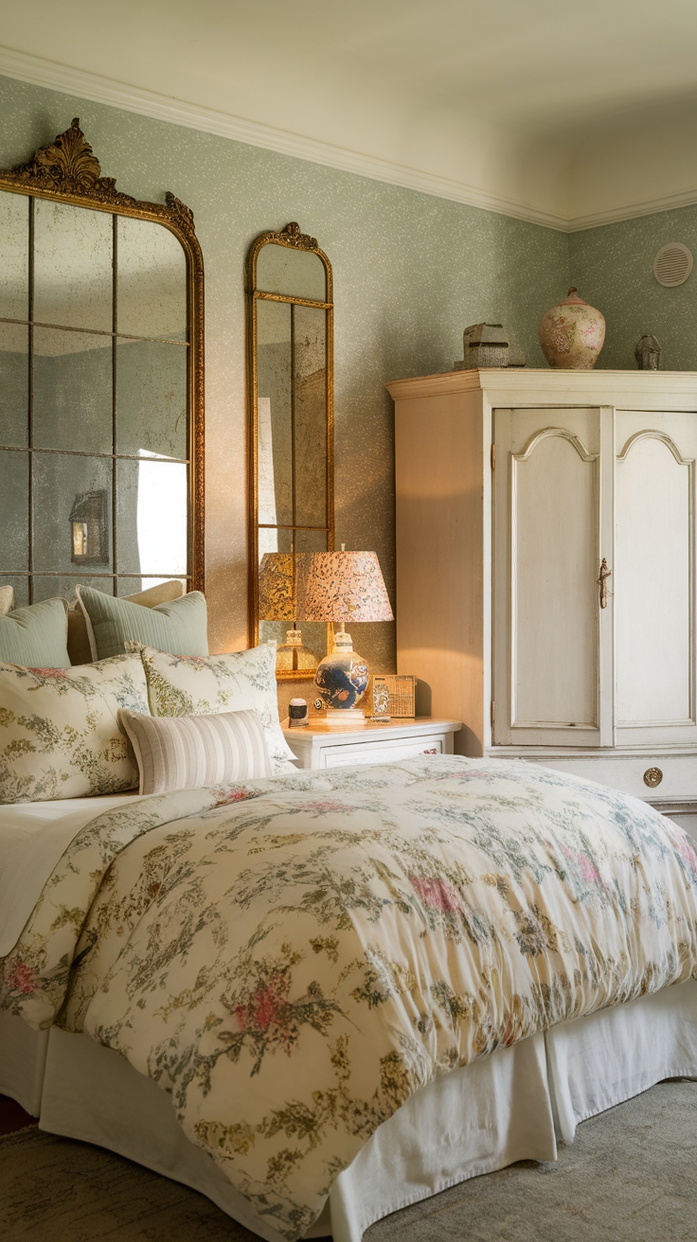 A vintage pastel bedroom featuring floral bedding, elegant mirrors, and soft green walls.