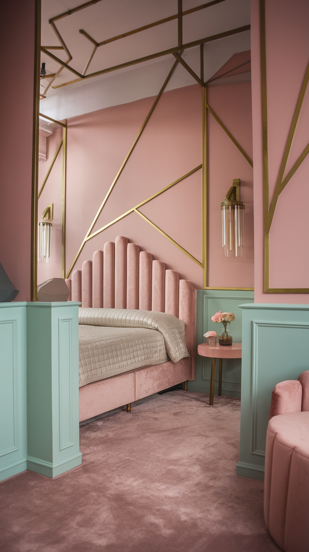 A pastel Art Deco bedroom featuring pink walls, a tufted pink bed, geometric gold accents, and a cozy atmosphere.