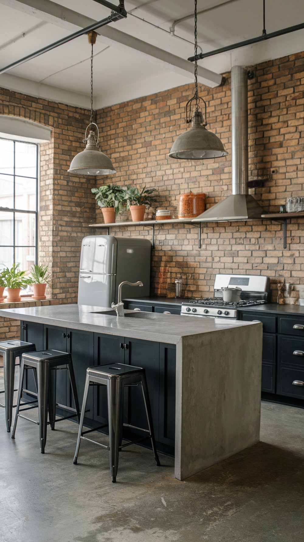 Industrial kitchen featuring a concrete island, brick walls, and black stools