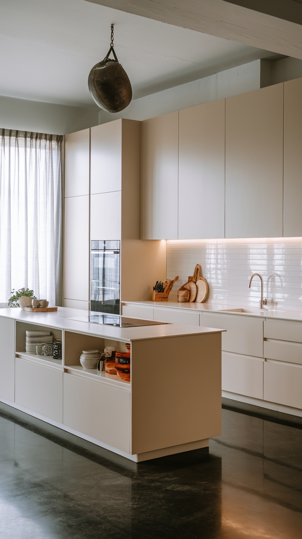 A minimalist kitchen featuring a floating island with sleek cabinetry and natural light.