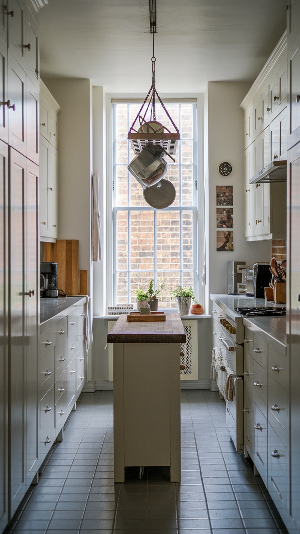 A bright galley kitchen featuring a slim island with wooden countertop and hanging pots, surrounded by white cabinets and large windows.