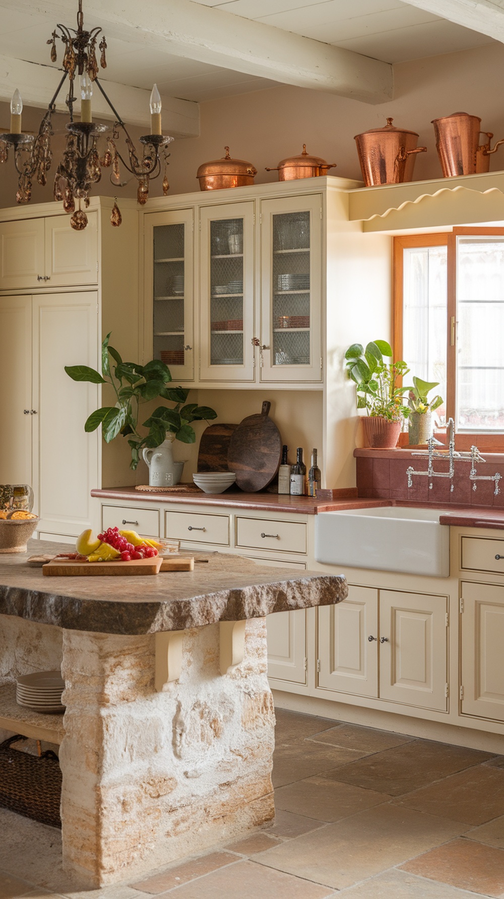 A French country kitchen featuring a stone island, creamy cabinetry, and bright fruits on a wooden cutting board.