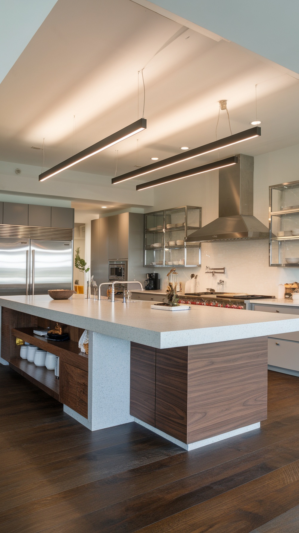 Modern open plan kitchen with a wood and white island, featuring overhead lighting and storage options.