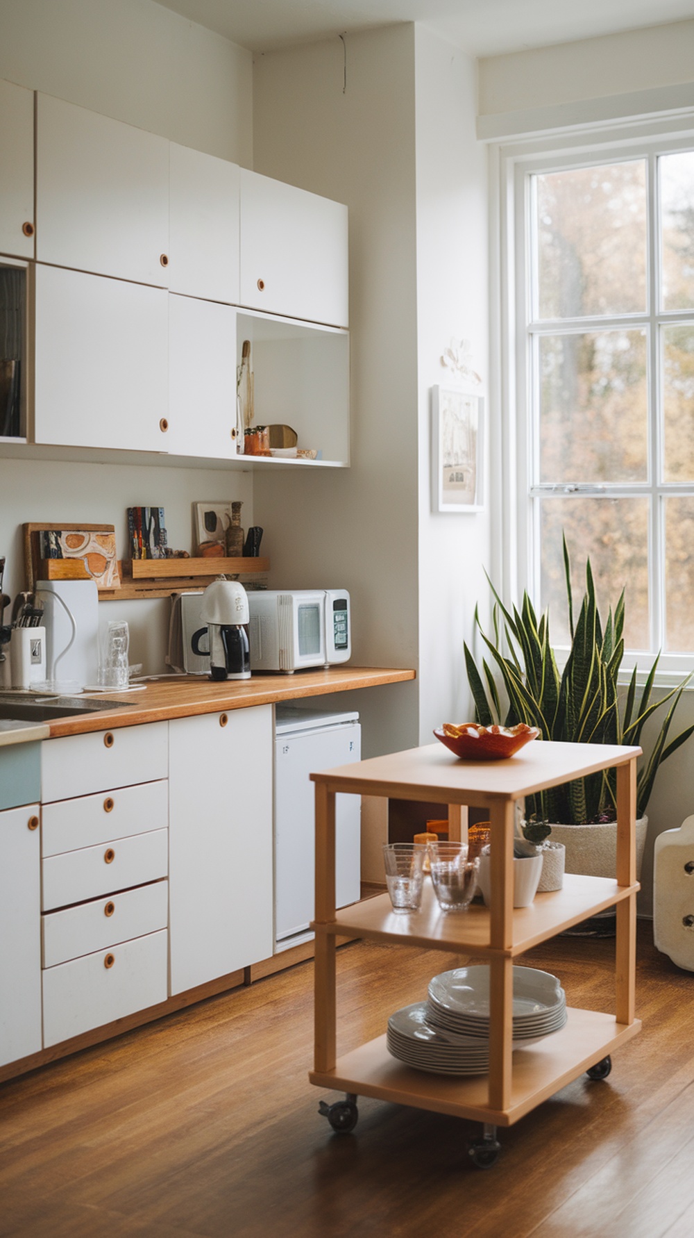 A modern compact apartment kitchen featuring a rolling island with plates and glasses on display.