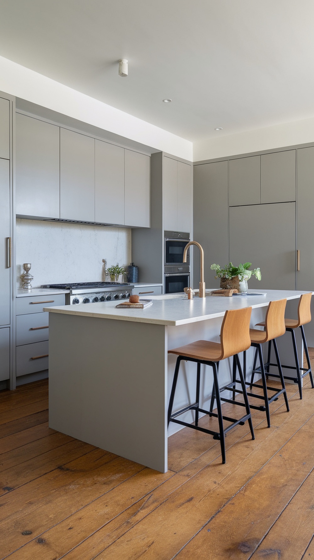 Modern grey kitchen featuring a built-in island sink, grey cabinetry, and wood flooring.