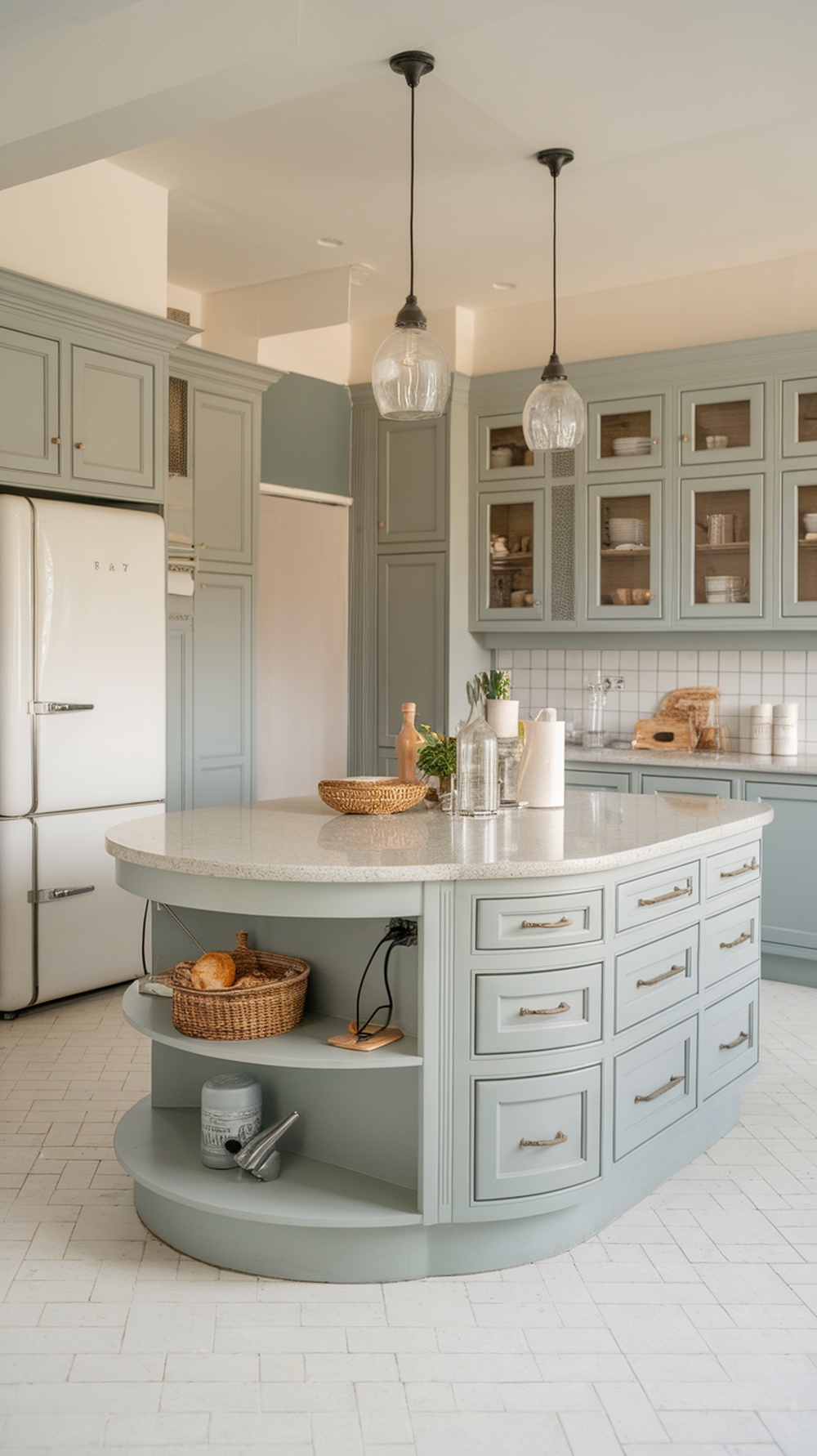 A contemporary kitchen featuring a stylish curved island, soft blue cabinetry, and pendant lighting.
