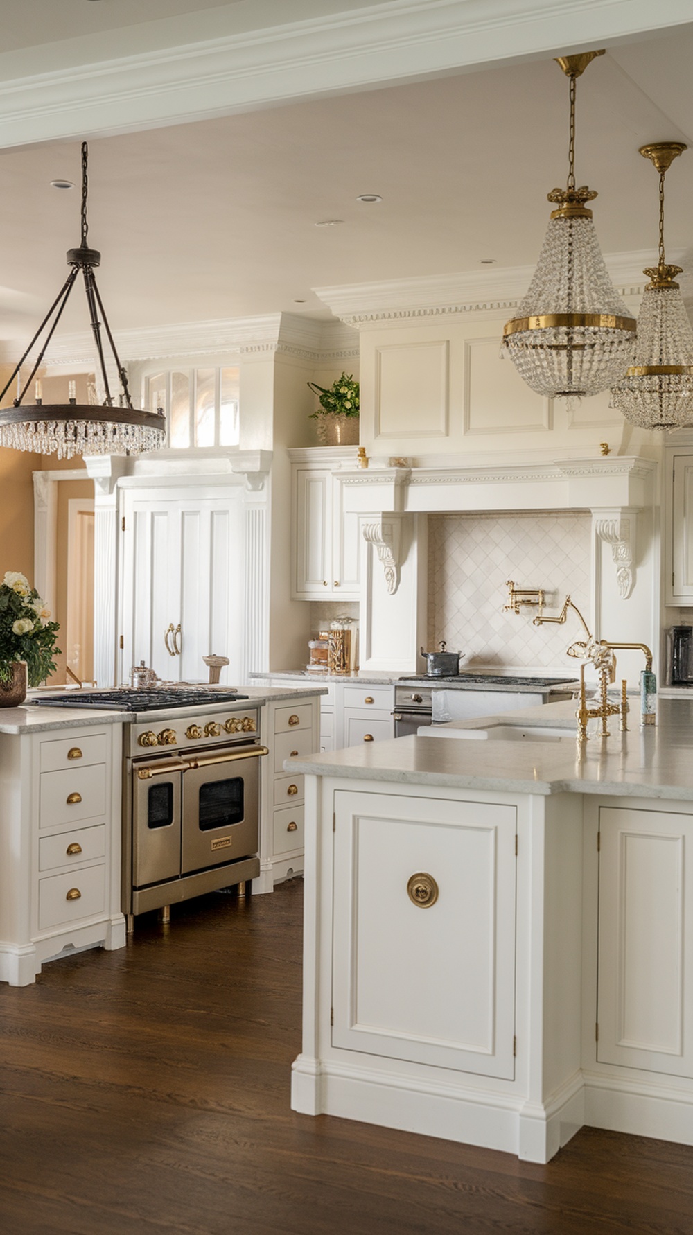 A bright kitchen featuring two islands, elegant cabinetry, and stylish lighting fixtures.