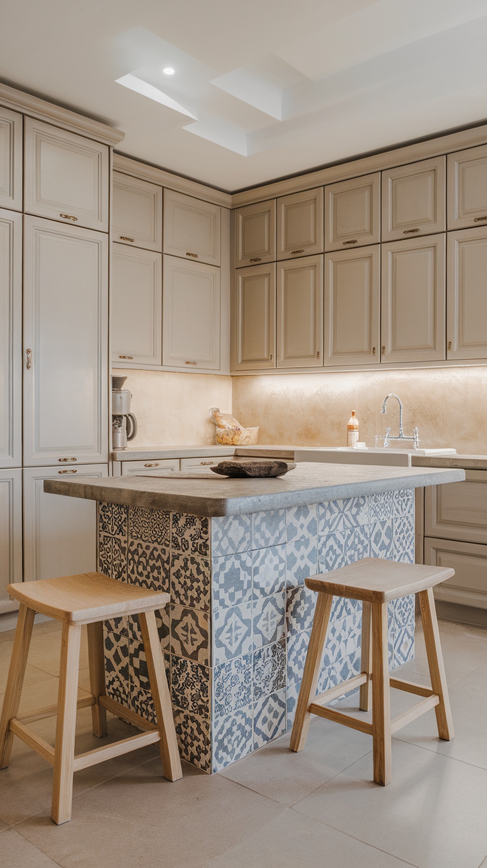 A kitchen island with decorative tile front, featuring two wooden stools and a sleek countertop.