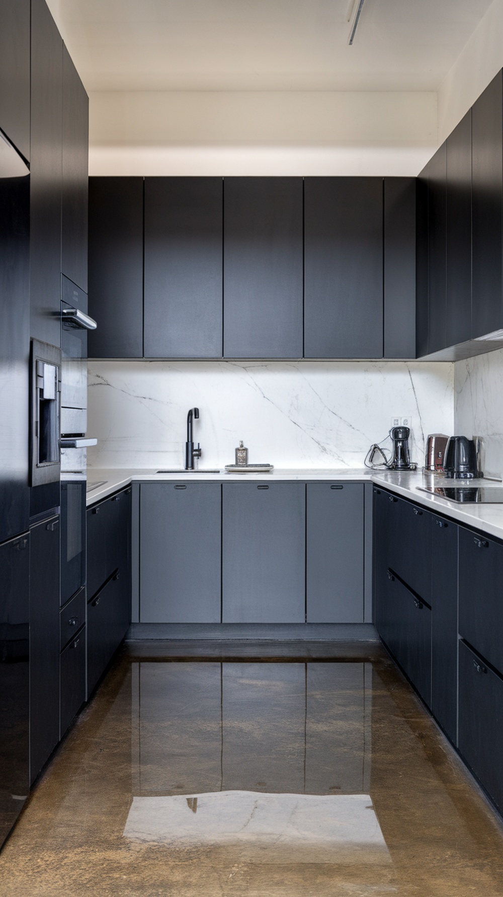 Minimalist black and white kitchen with sleek cabinetry and marble backsplash