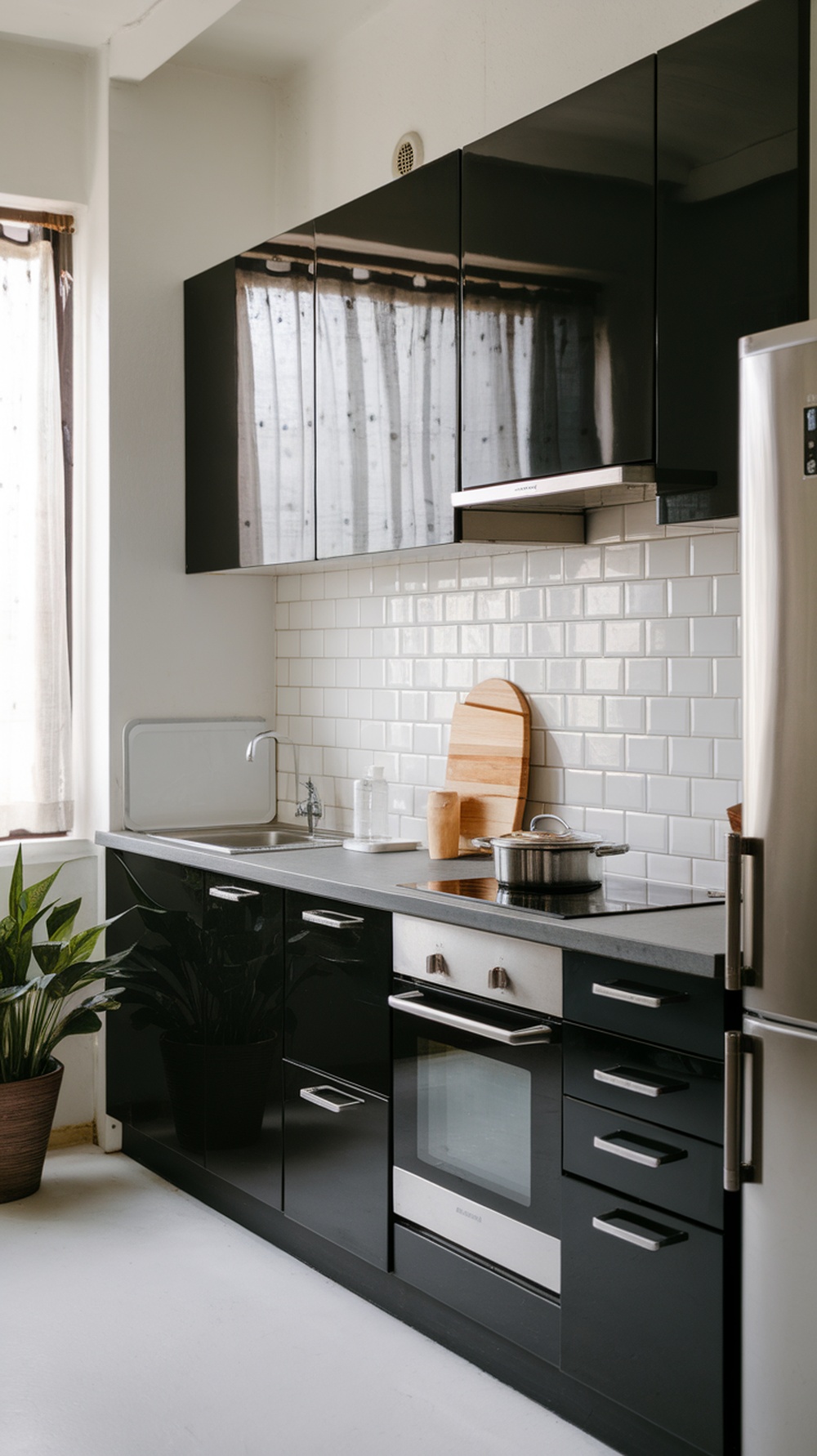 Small black and white kitchen with glossy black cabinets and white subway tiles