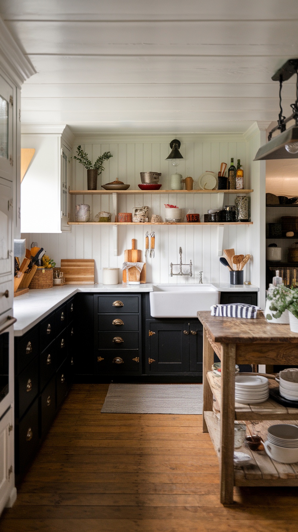 Farmhouse kitchen with black cabinets, white walls, open shelving, and wooden accents