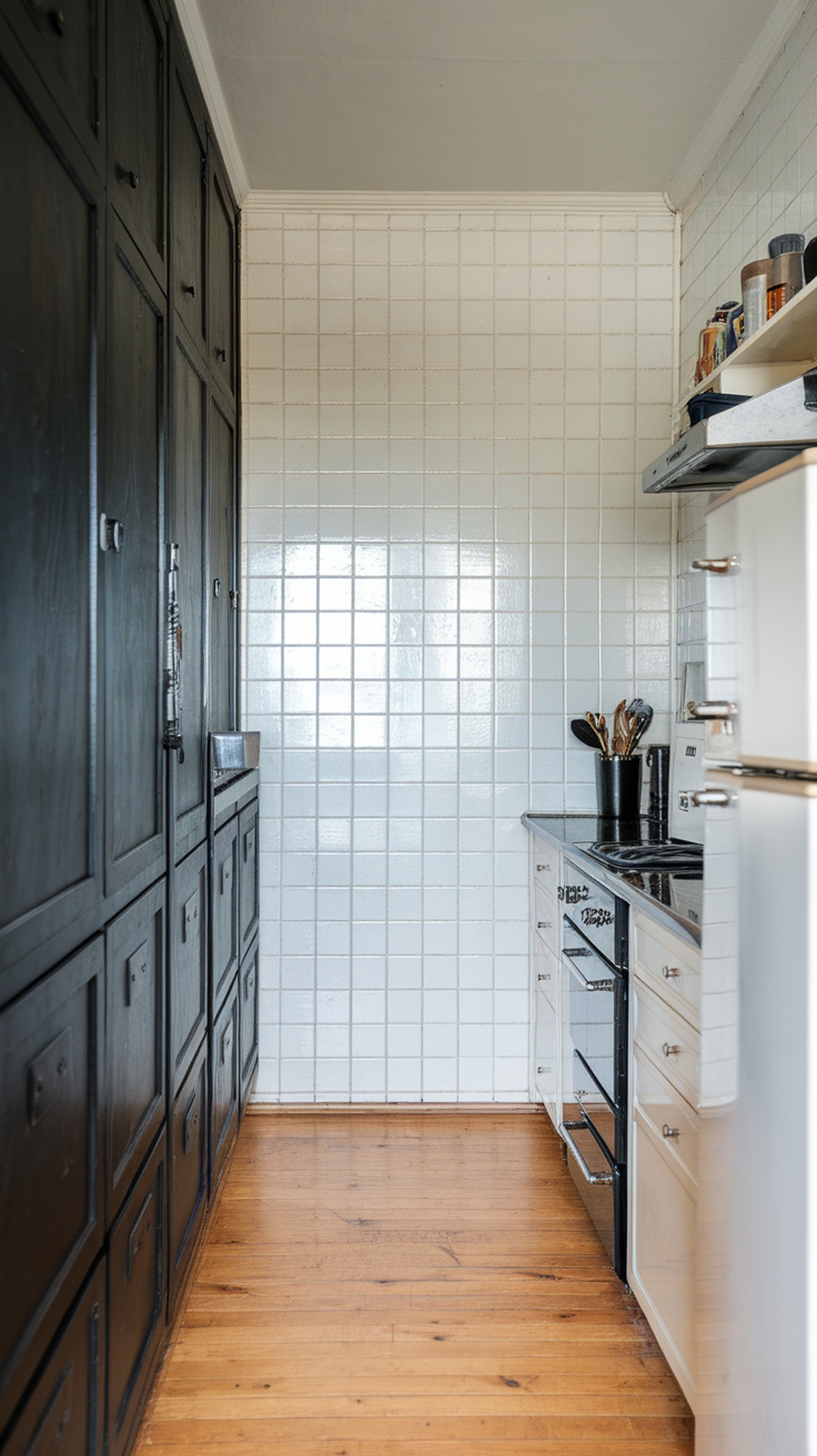 Black and white galley kitchen with dark cabinets and white tiled walls