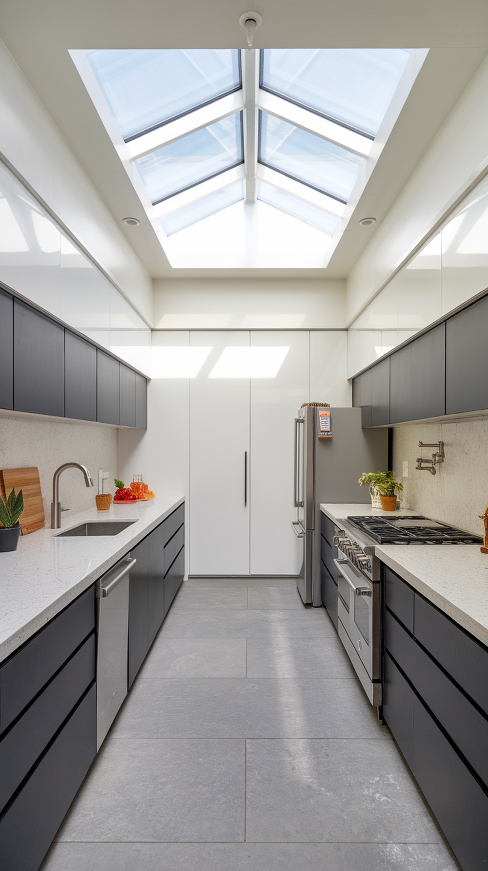 Contemporary black and white kitchen with skylight and stainless steel appliances