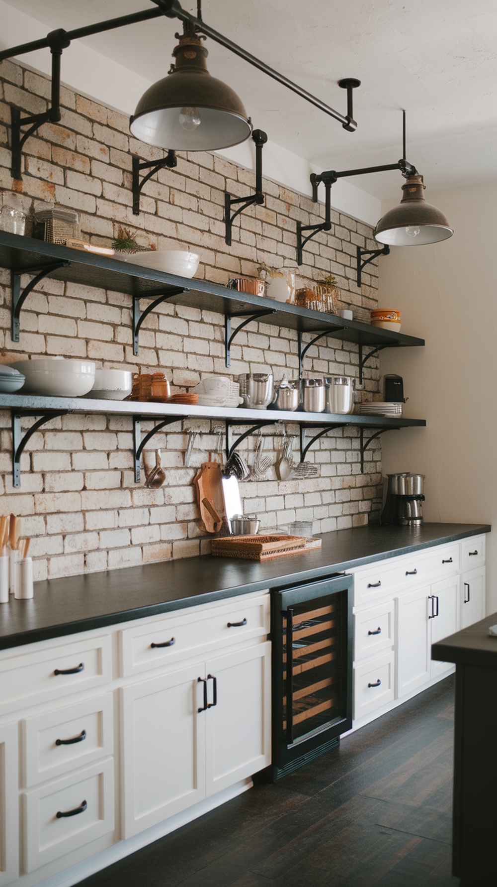 Industrial black and white kitchen with exposed brick wall and open shelving