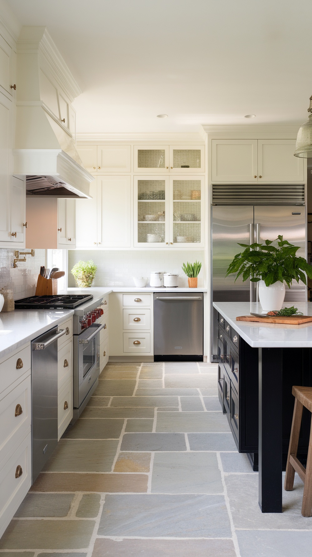 Open concept black and white kitchen with white cabinets and natural stone flooring