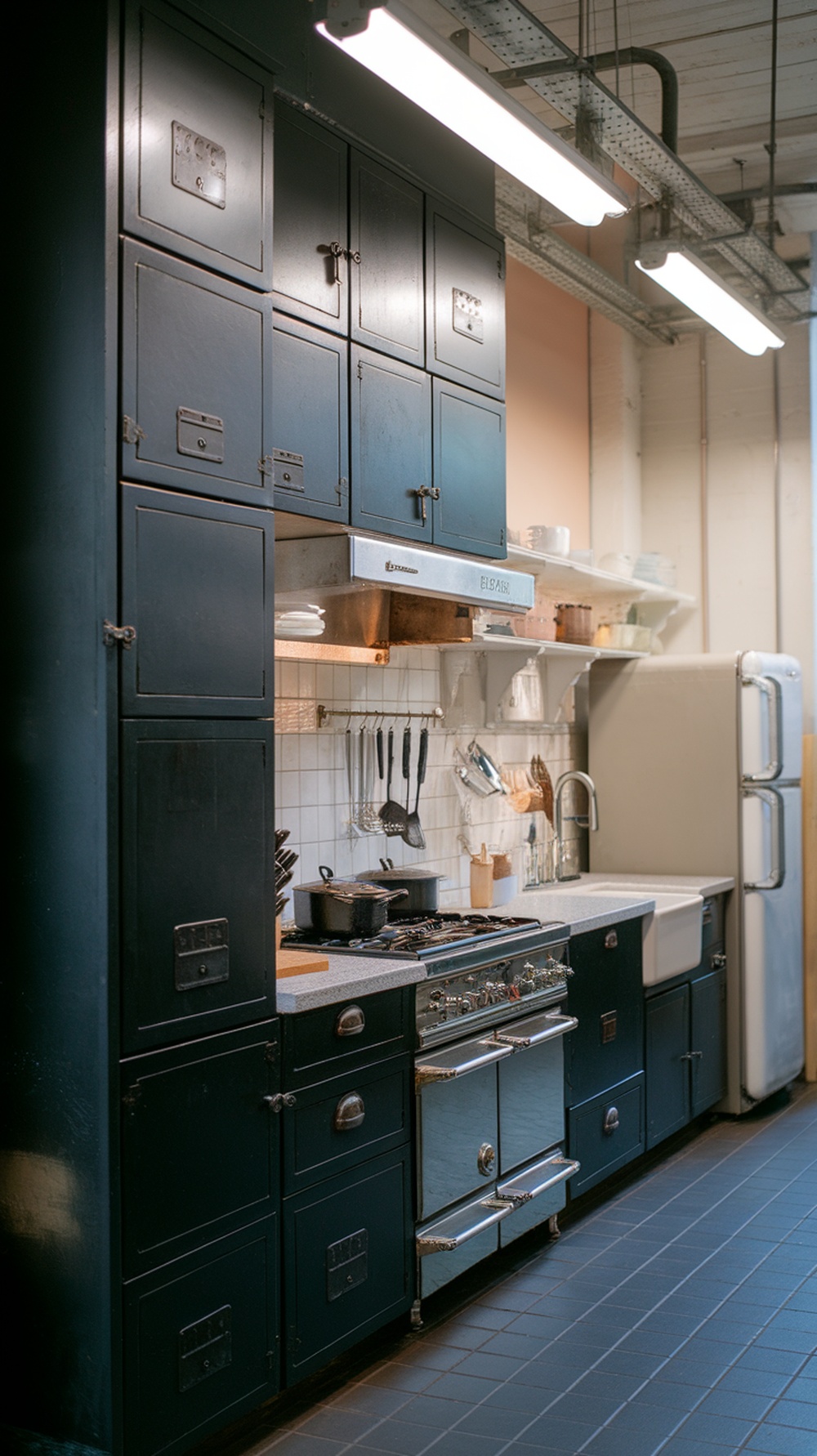 Compact urban black and white kitchen with dark cabinetry and white tile backsplash
