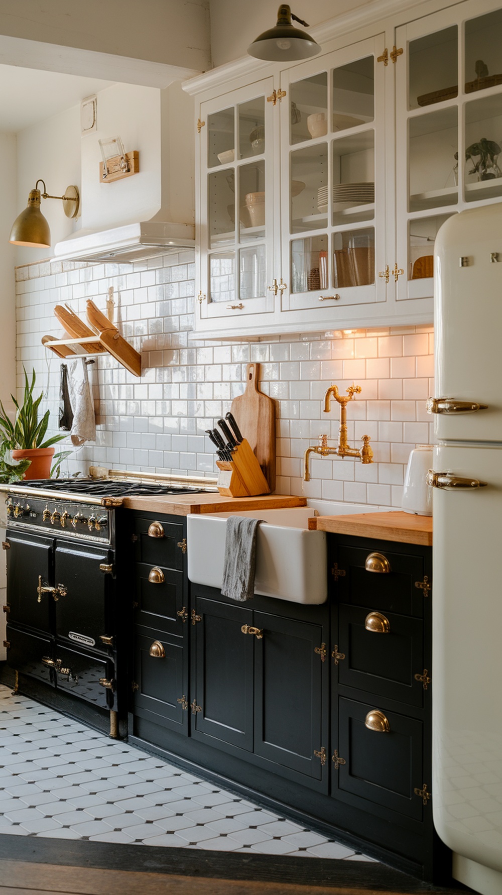 Black and white kitchen with glass cabinets and vintage stove