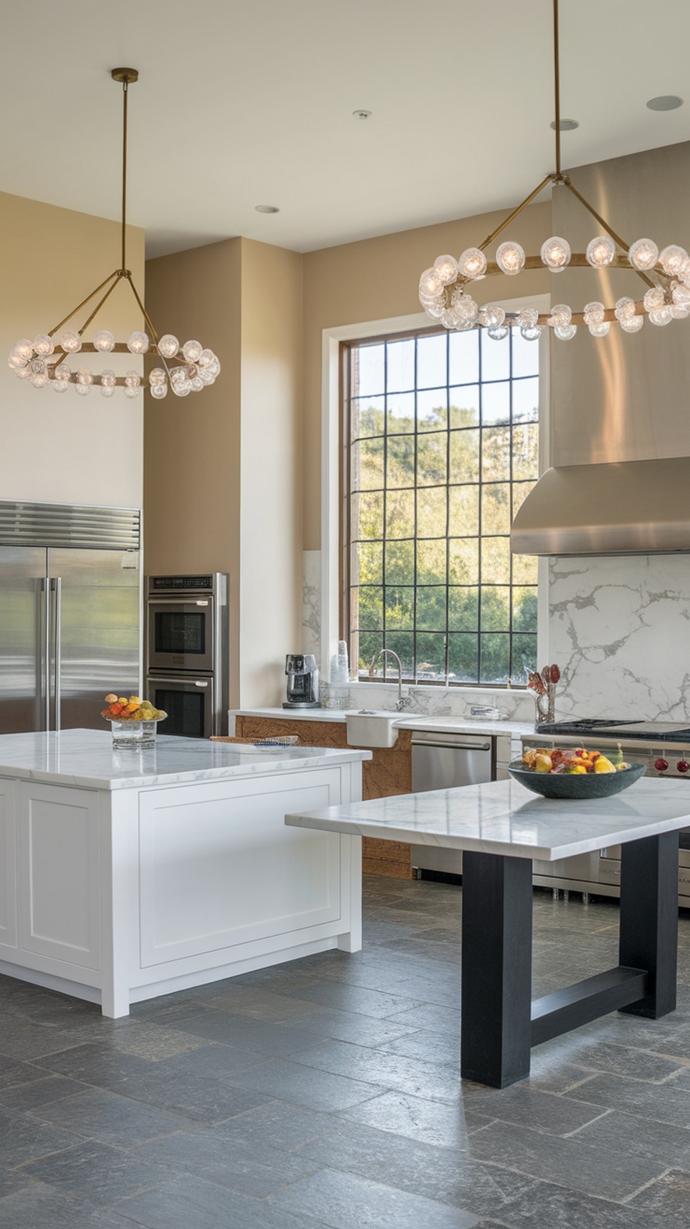 Luxury black and white kitchen with double islands and marble countertops