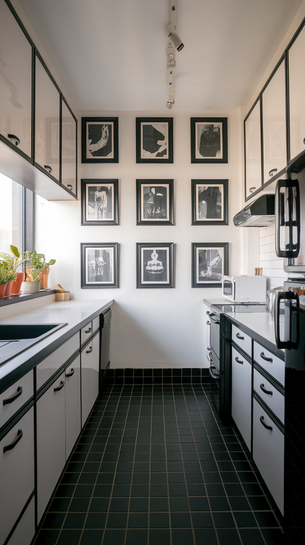 Monochrome black and white kitchen with art wall and dark tiled floor
