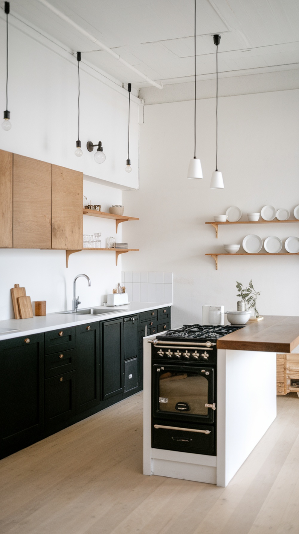 Scandinavian kitchen with black cabinetry, wooden shelves, and white countertop