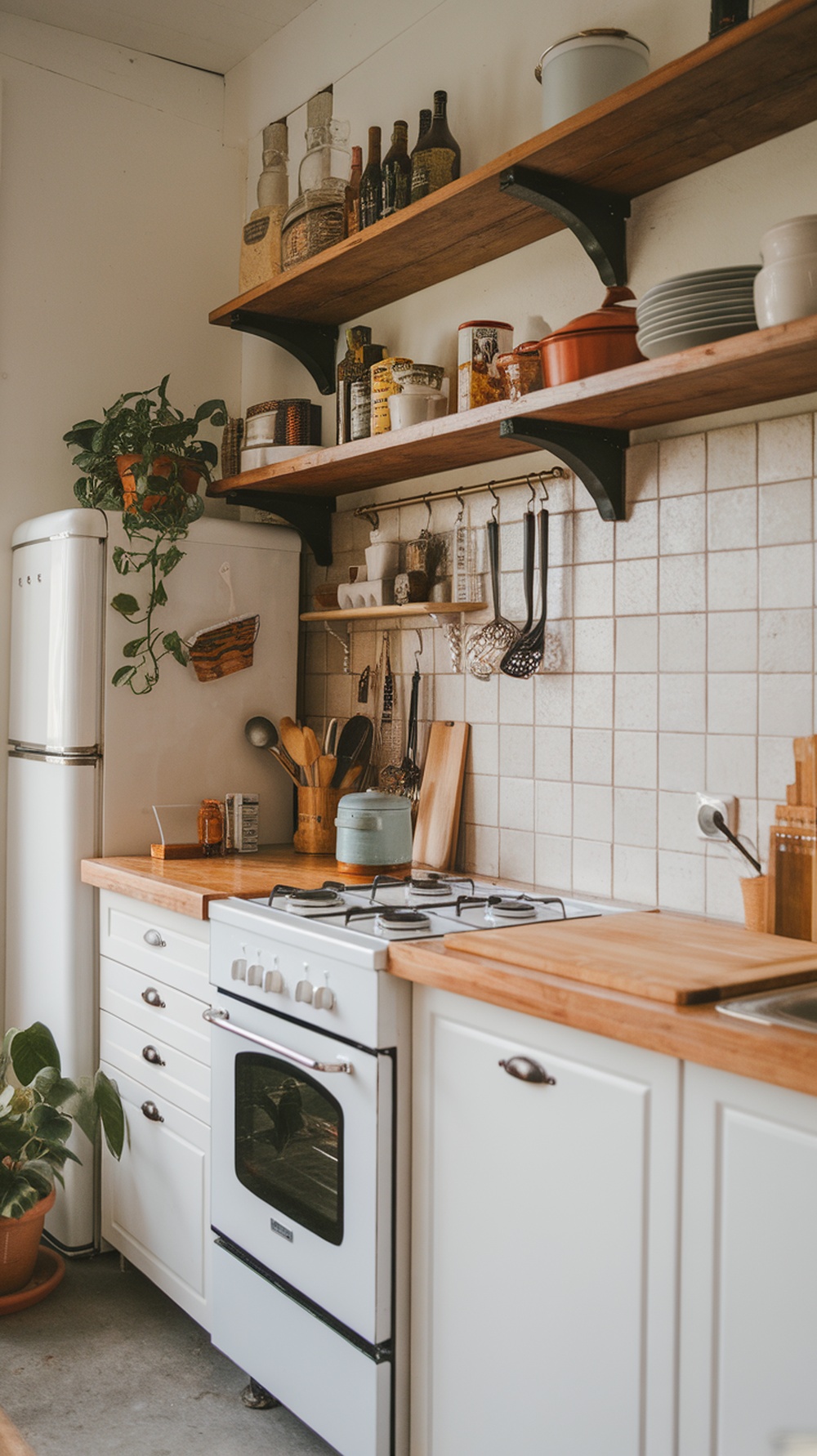 A rustic mini kitchen featuring open shelving with jars and bottles, a white stove, and wooden countertops.