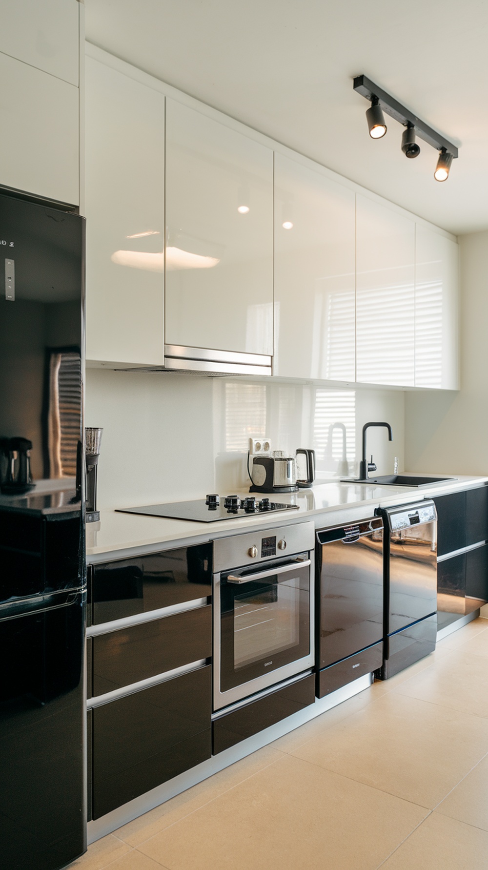 A contemporary mini kitchen featuring black and white cabinetry, stainless steel appliances, and modern lighting.