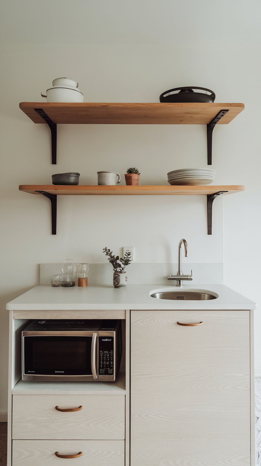 A compact kitchenette featuring floating wooden shelves with pots and plates above a sink and microwave.