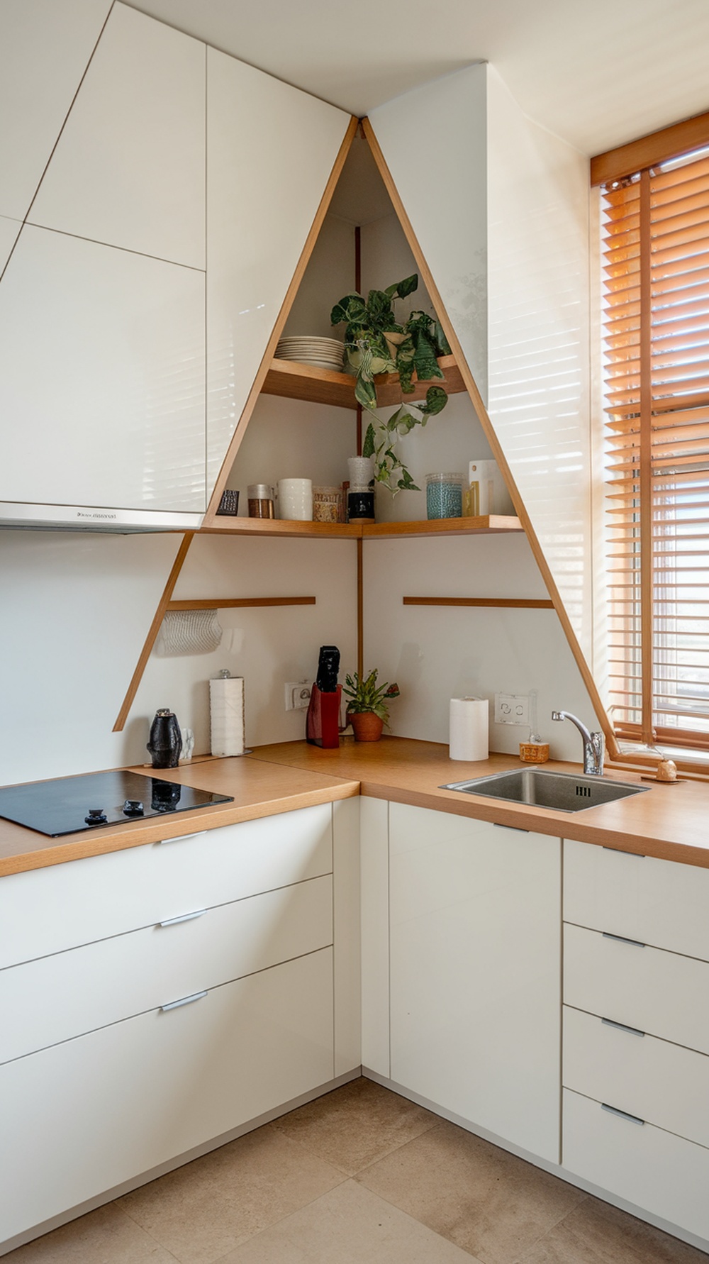 A modern mini corner kitchen featuring triangular cabinetry, wooden countertops, and open shelving with plants.