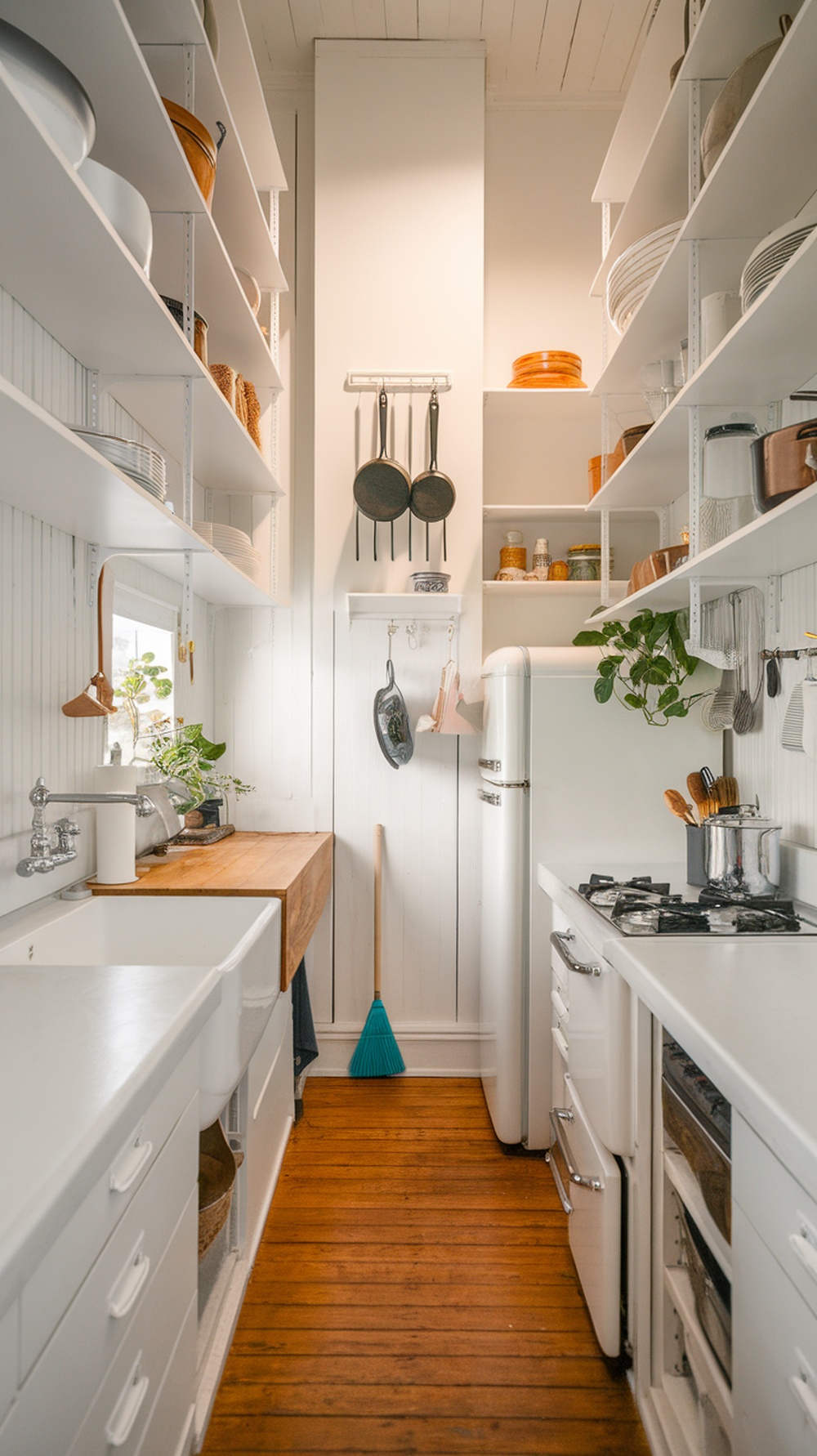 A mini kitchen featuring vertical storage with shelves and hanging pots, showcasing a bright and organized space.