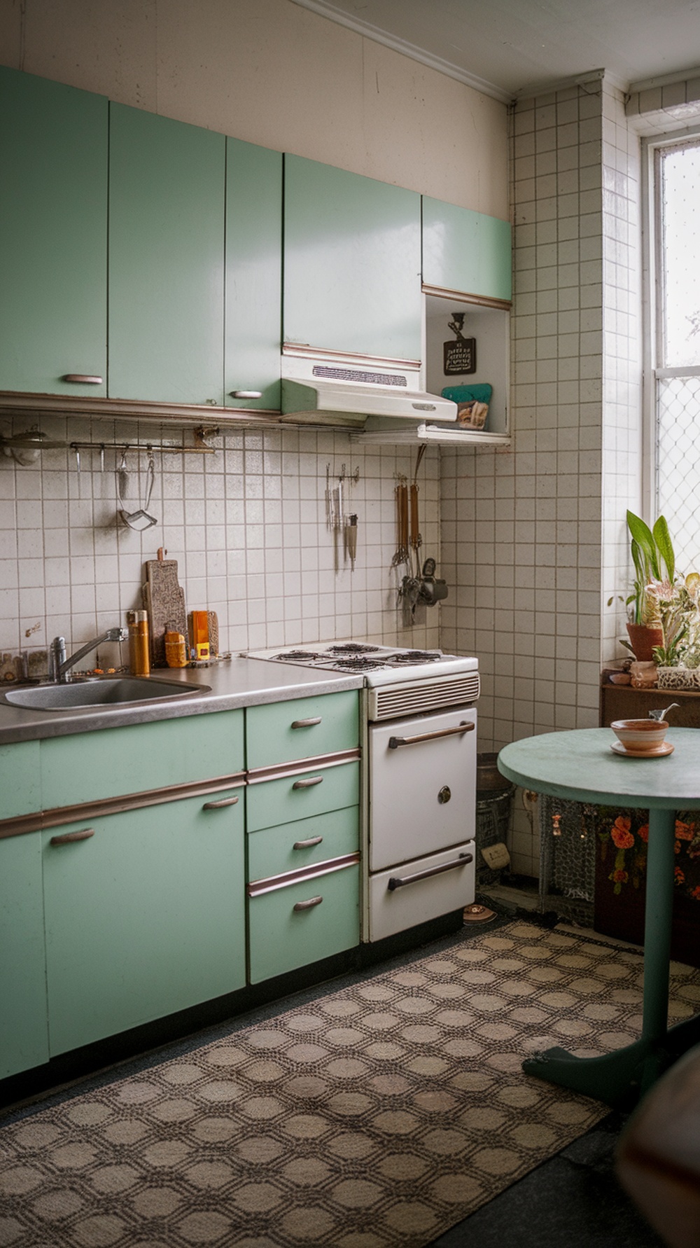 A vintage-inspired mini kitchen featuring mint green cabinets, a silver countertop, and a classic white oven.
