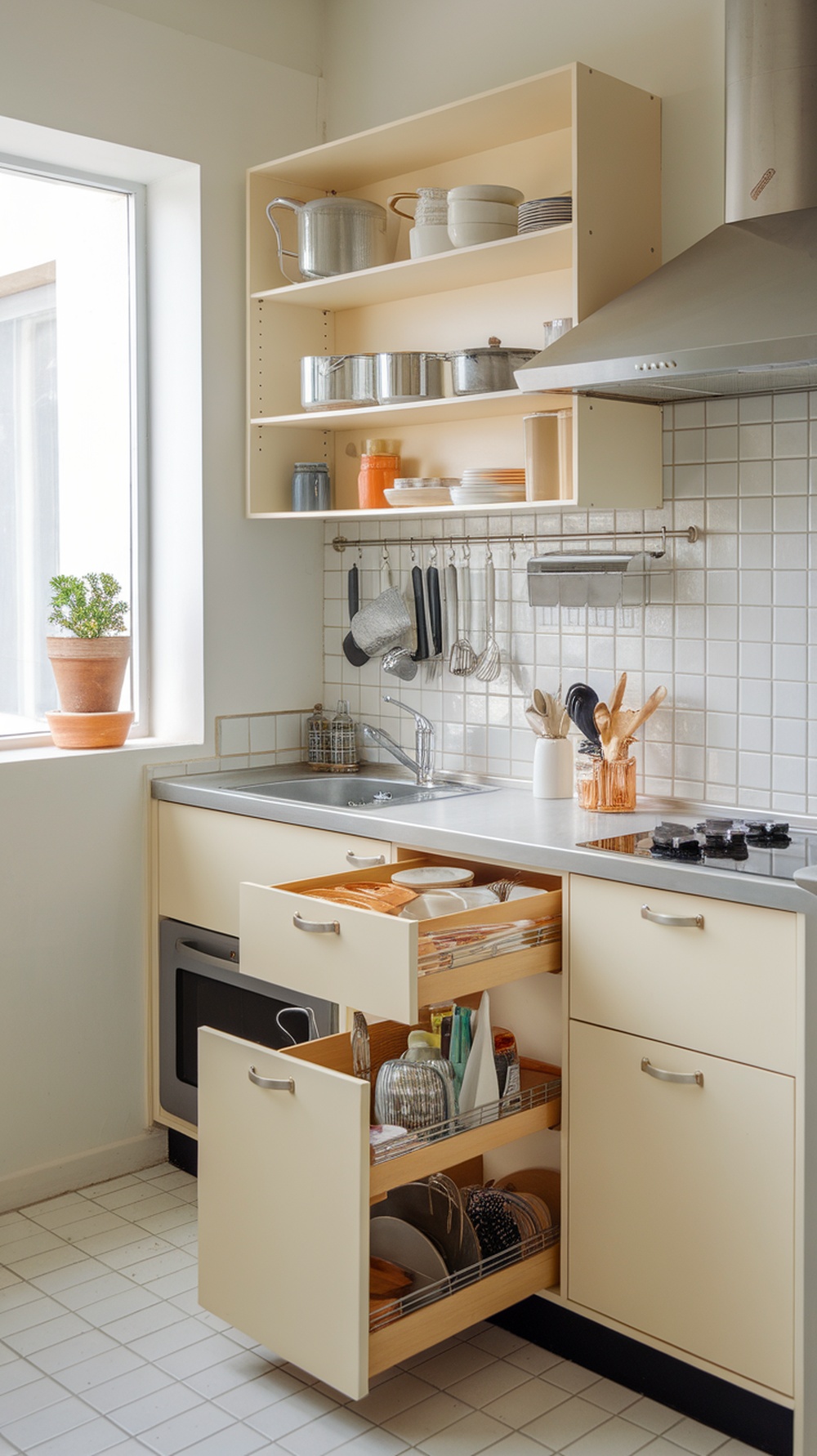 A compact kitchen in a studio apartment featuring open shelves, organized drawers, and a small plant by the window.