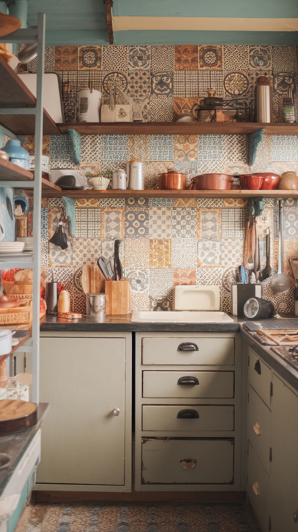 A boho mini kitchen featuring colorful patterned tiles and open shelves with kitchen items.