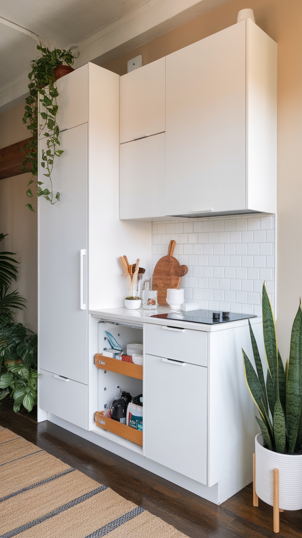 A modern hidden kitchenette in a small office space with white cabinets, a stovetop, and plants.