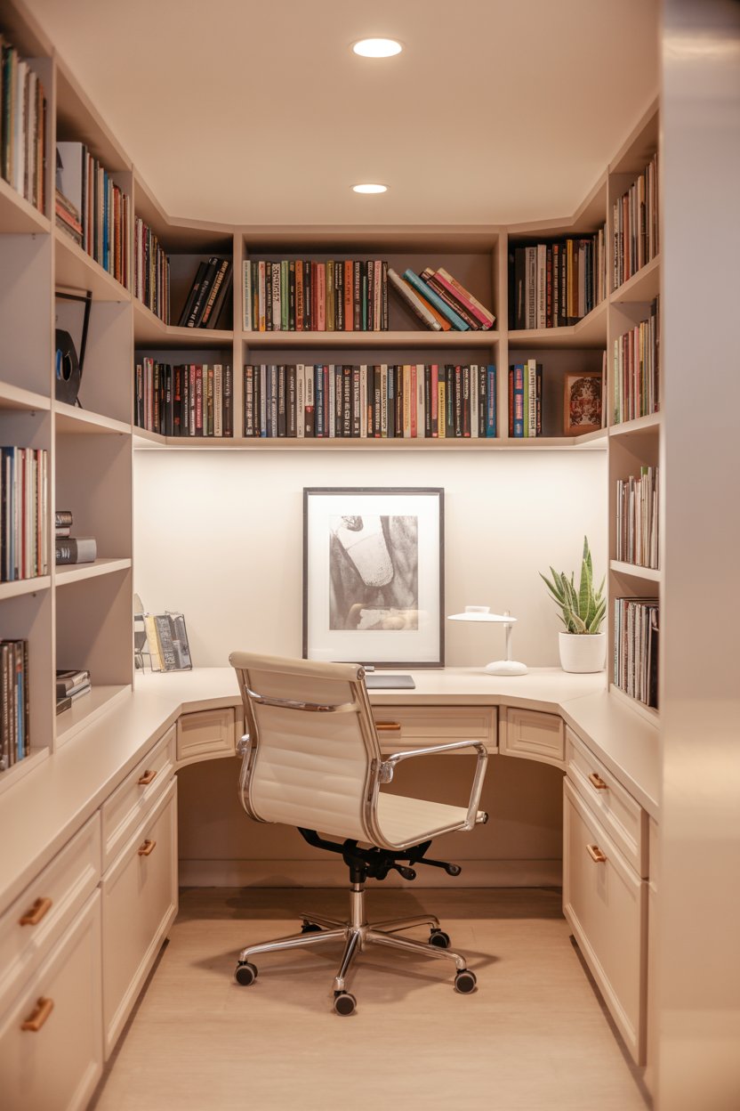Cozy home office corner with bookshelves and chair