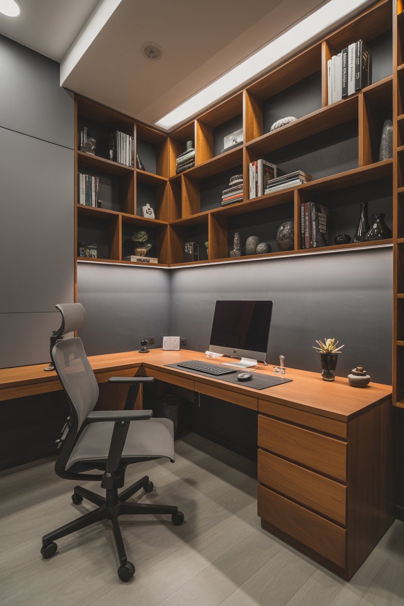 Modern home office with warm wood tones and open shelving