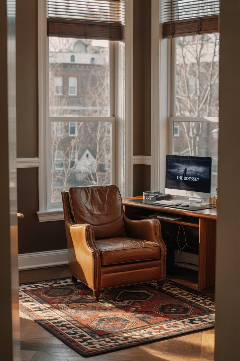 Cozy home office with leather chair and computer desk