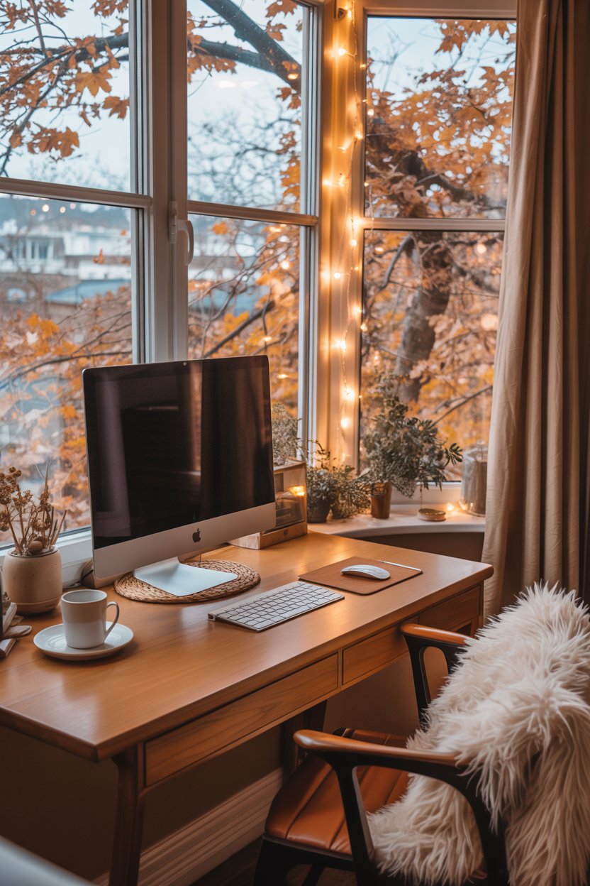 Cozy home office with a view of autumn leaves outside the window