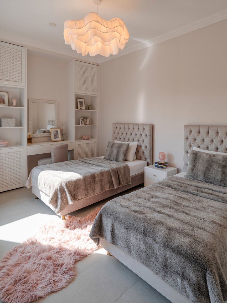 Twin bedroom with built-in shelving